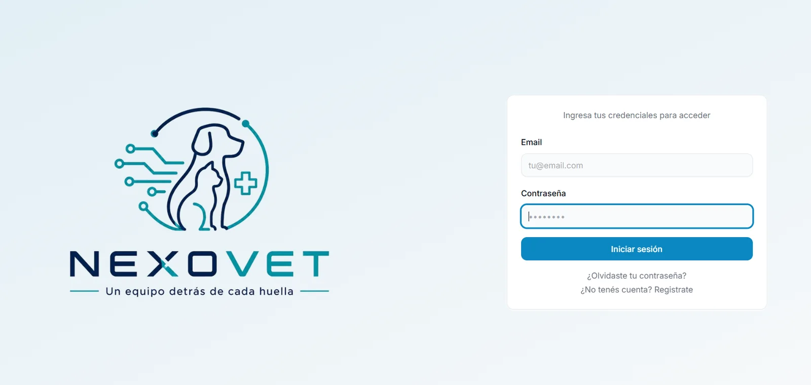 Pantalla de inicio de sesión de NexoVet, con campos de email y contraseña