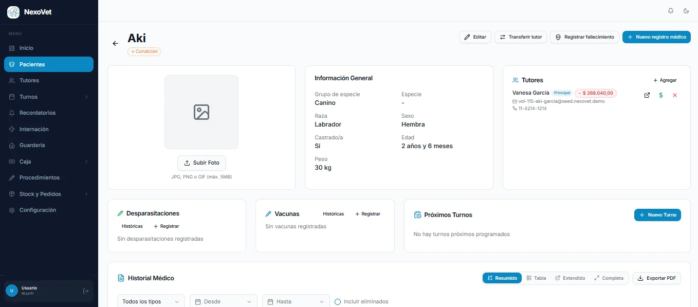 Ficha de un paciente en NexoVet con información general, tutores, desparasitaciones, vacunas y próximos turnos