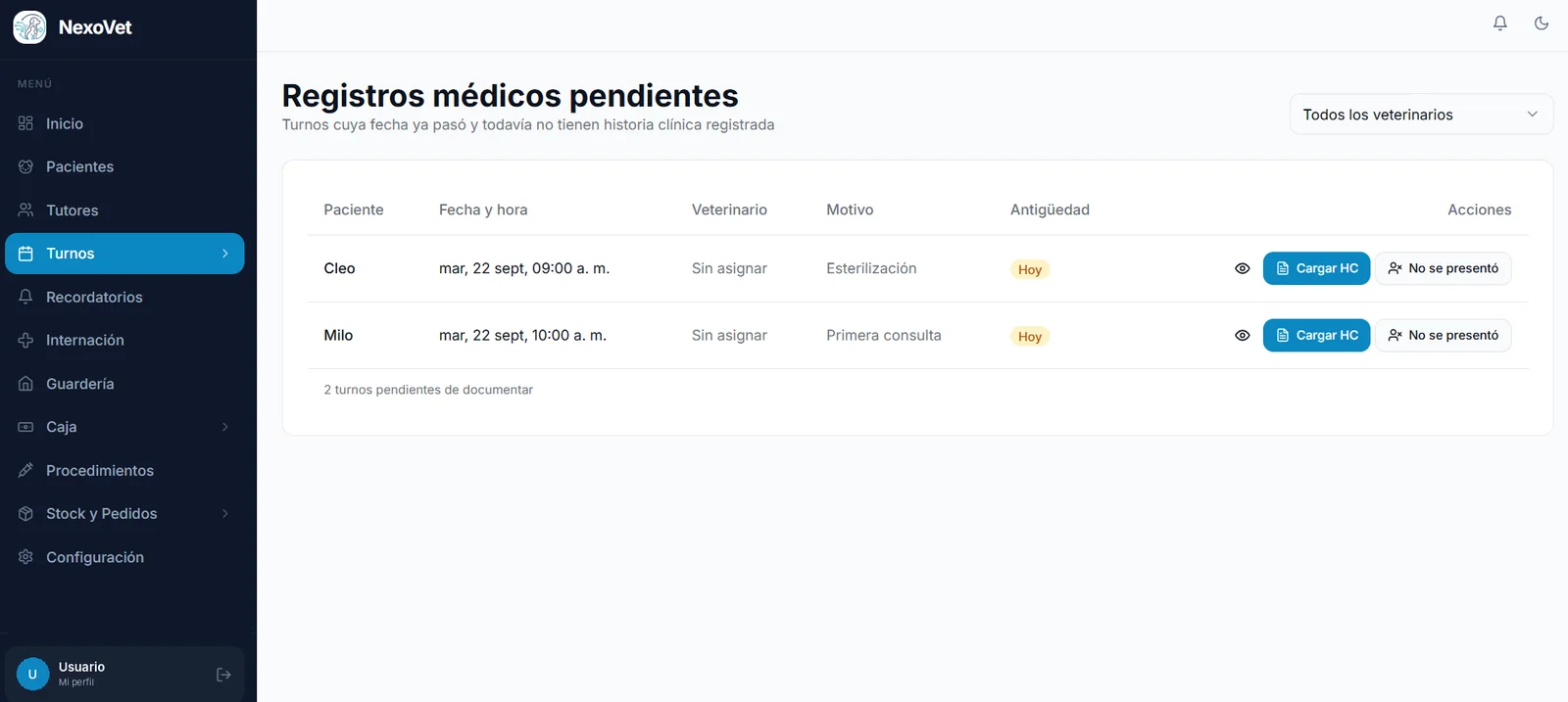 Listado de registros médicos pendientes con turnos vencidos sin historia clínica