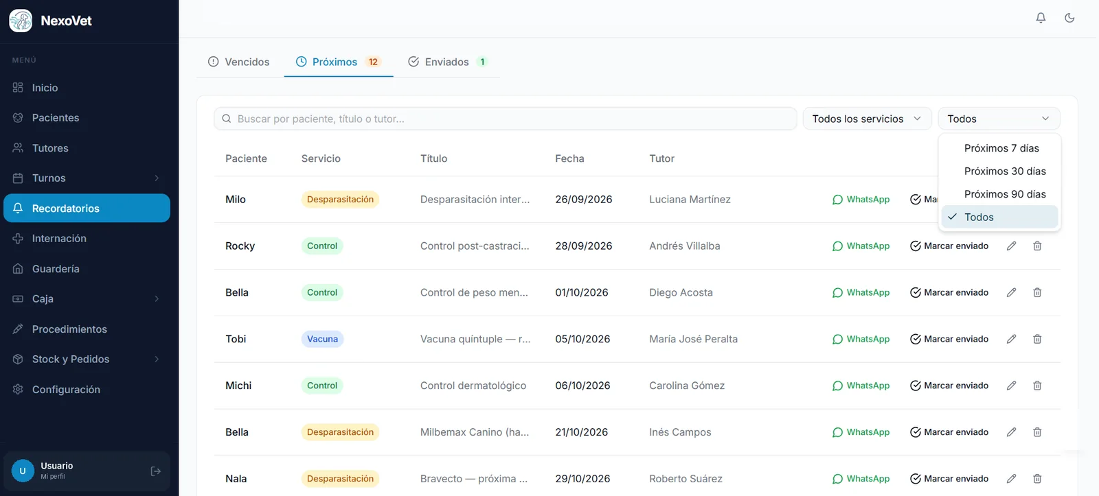 Recordatorios de NexoVet próximos a vencer con botones de WhatsApp y marcar enviado