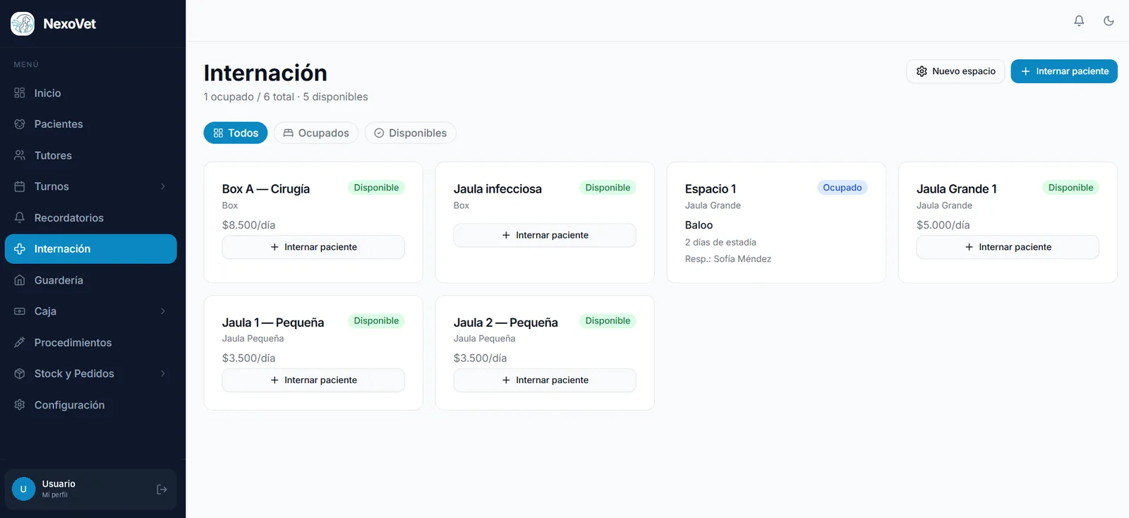 Mapa de espacios de internación de NexoVet con boxes y jaulas ocupados y disponibles y tarifa por día
