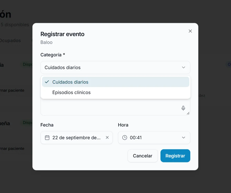 Formulario para registrar un evento de internación, con categoría cuidados diarios o episodios clínicos