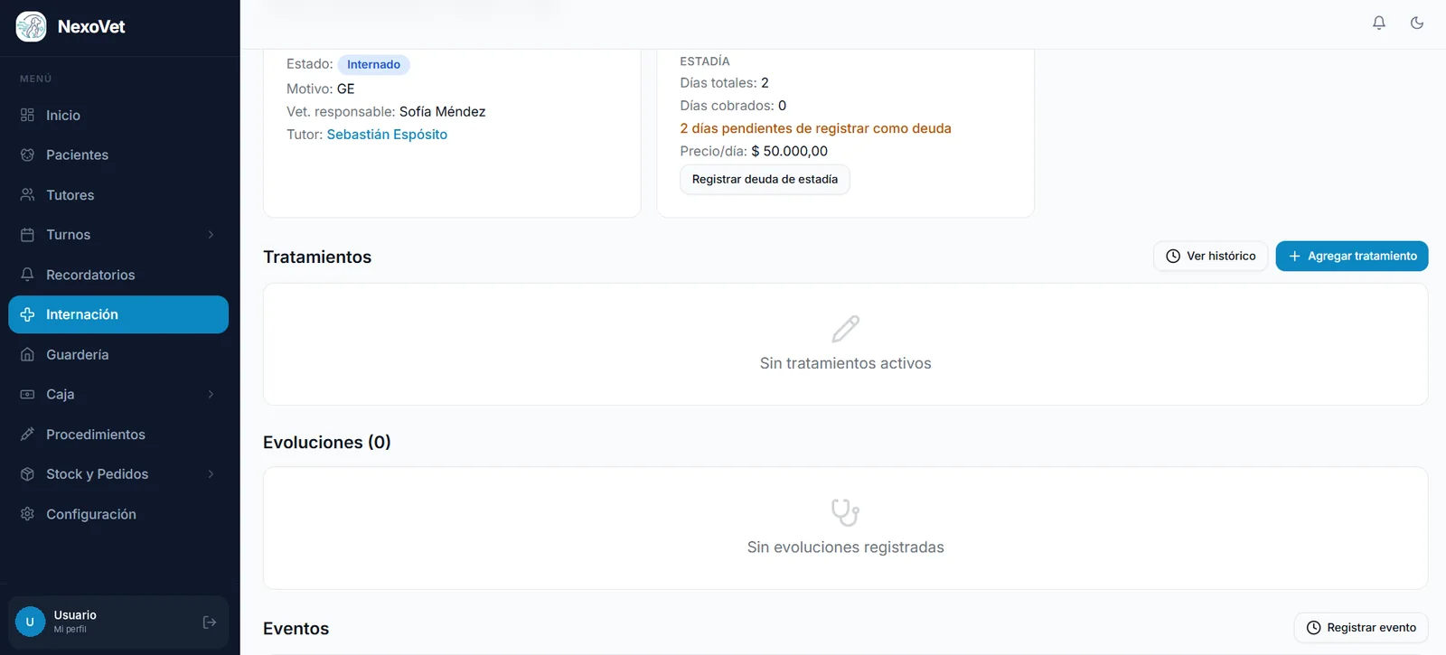 Ficha de internación de NexoVet con estadía, tratamientos y evoluciones
