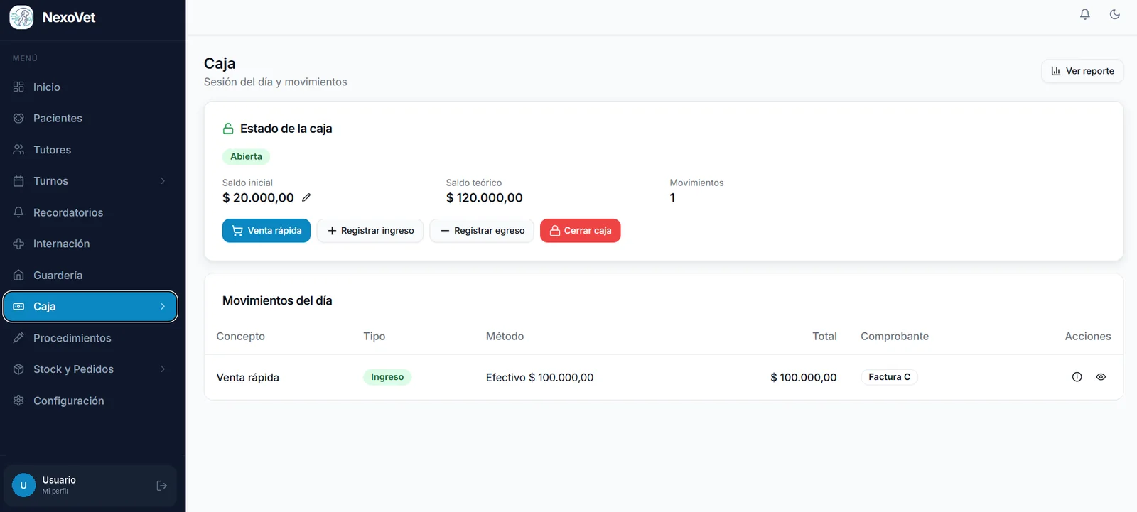 Caja del día de NexoVet con saldo inicial, saldo teórico y movimientos