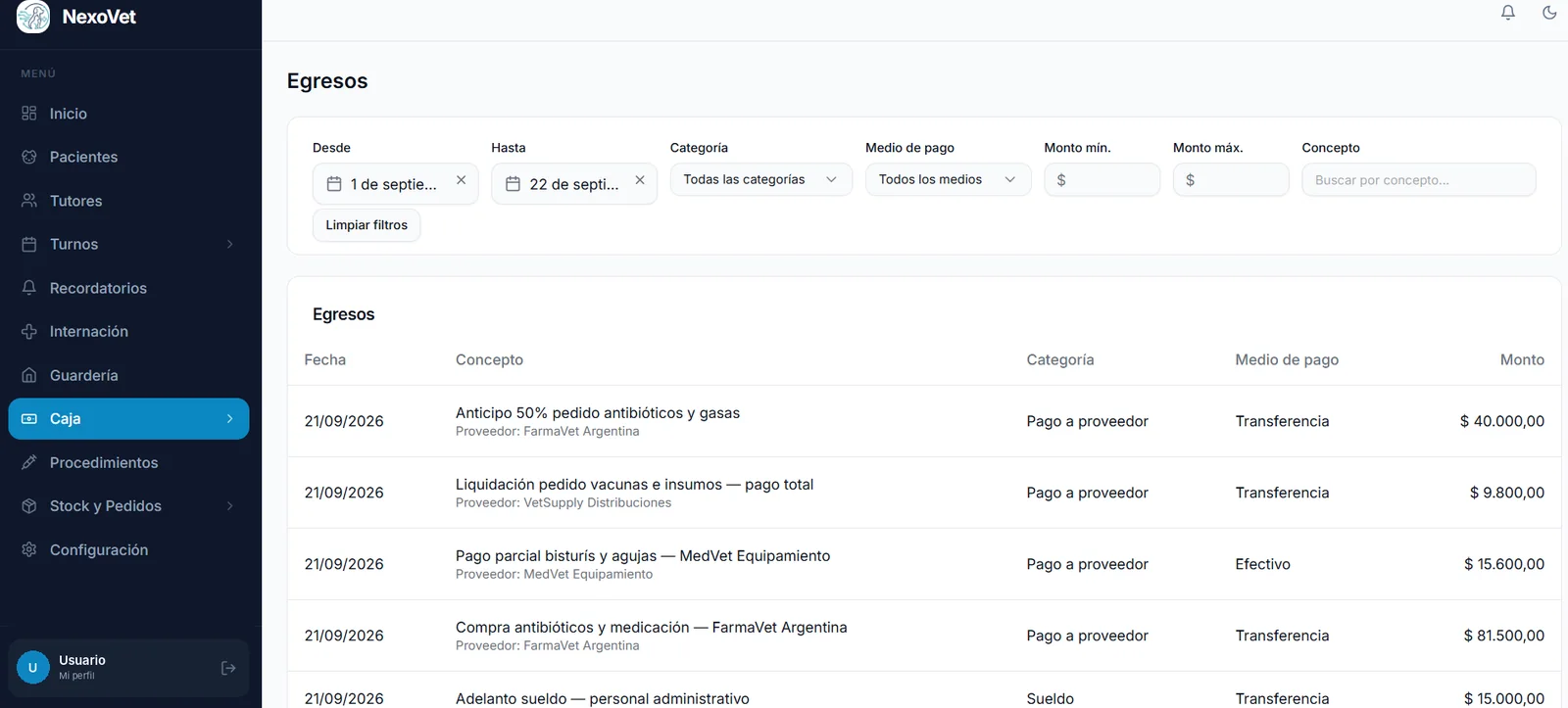 Listado de egresos de caja con filtros por categoría y medio de pago