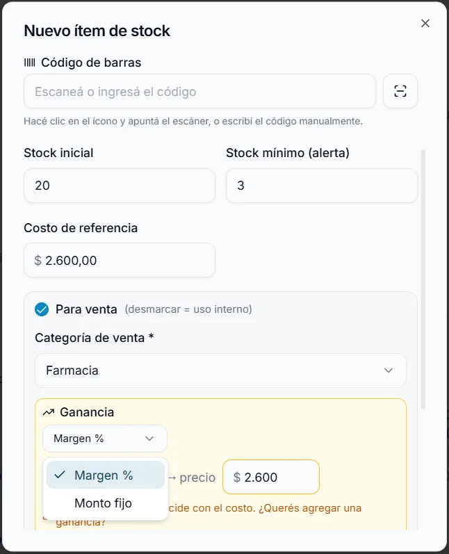 Alta de un nuevo ítem de stock con código de barras, stock inicial, stock mínimo y costo