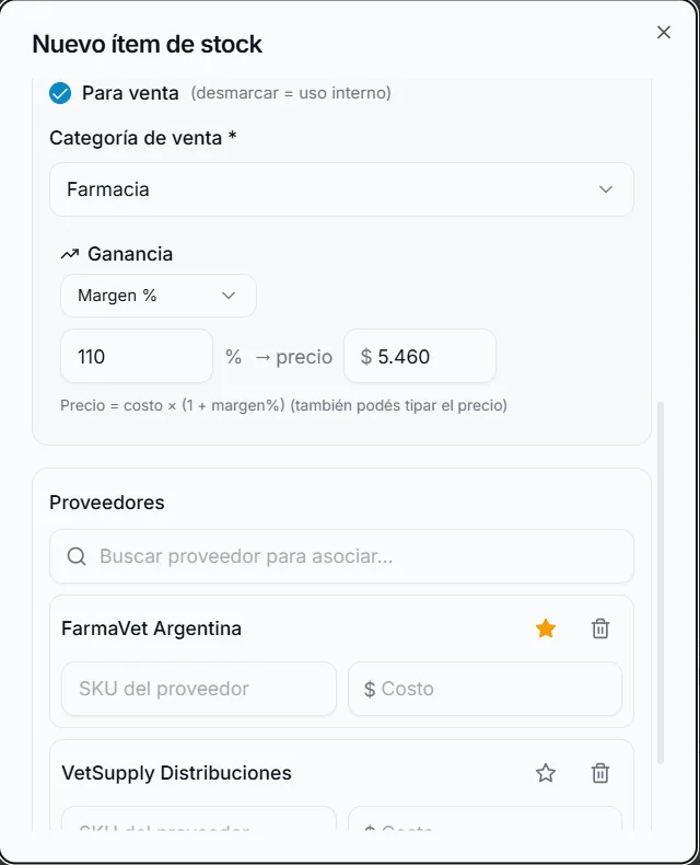 Definición de margen de ganancia y proveedores asociados a un ítem de stock en NexoVet