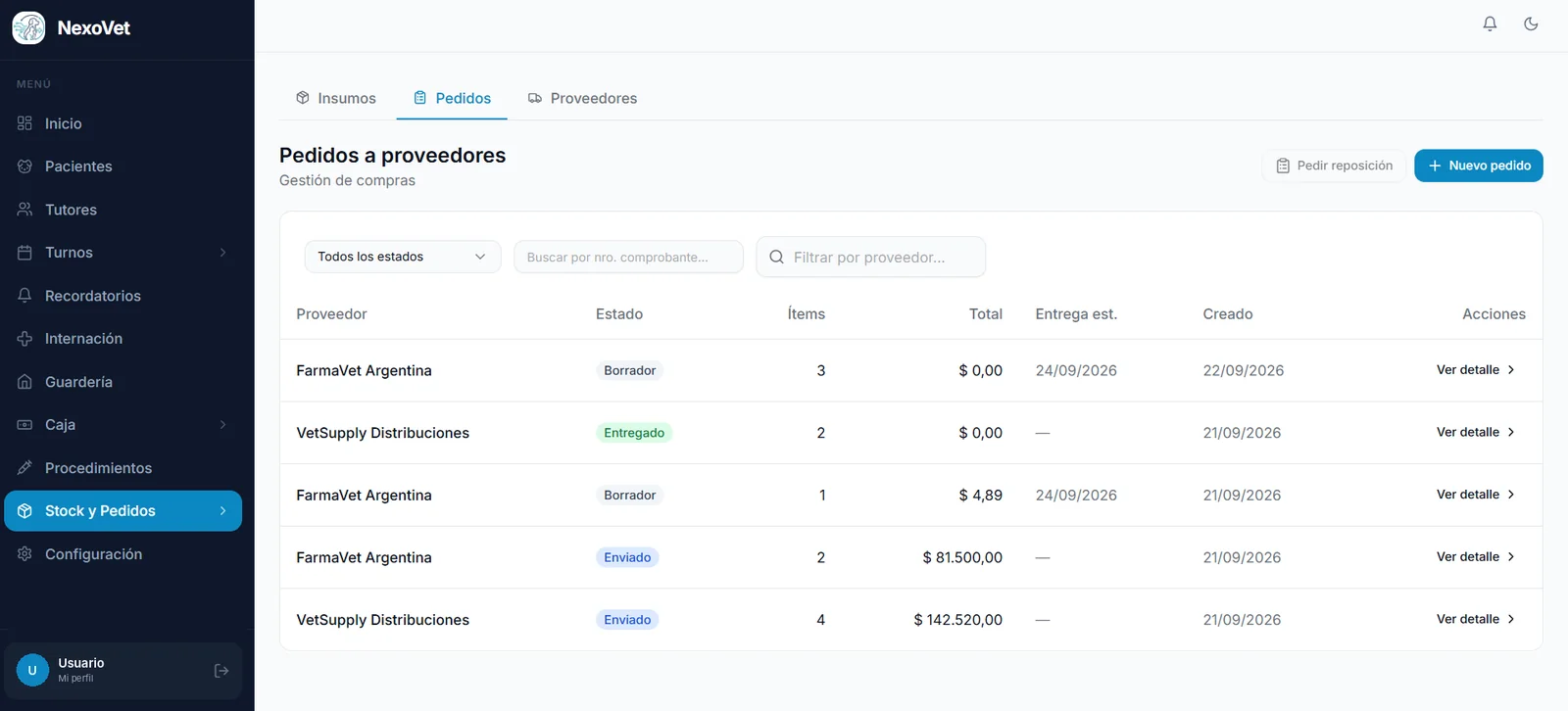 Listado de pedidos a proveedores con estado, total y fecha de entrega estimada