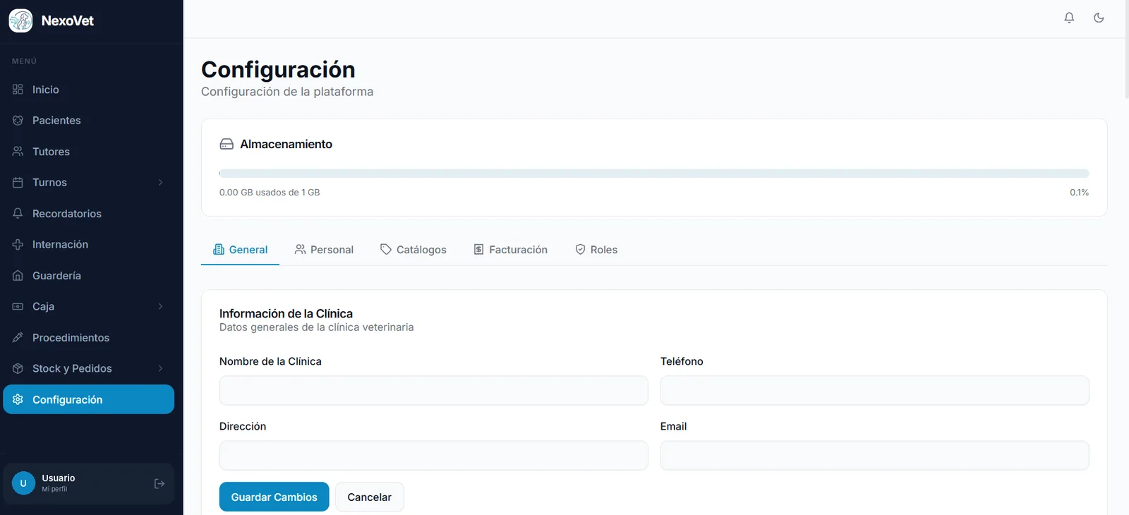 Pantalla de configuración general con los datos de la clínica