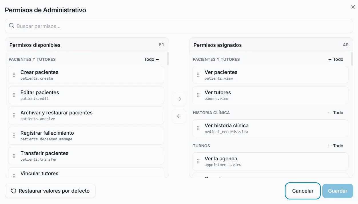 Detalle de permisos de un rol con permisos disponibles y asignados
