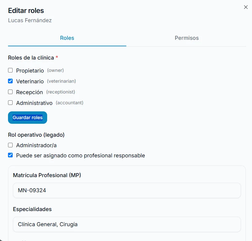 Edición de los roles asignados a un usuario