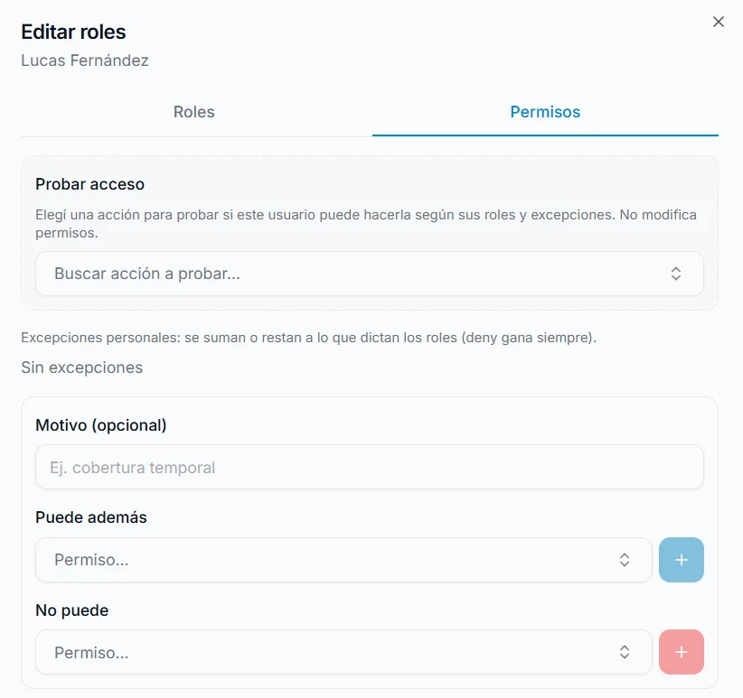 Excepciones personales de permisos y prueba de acceso de un usuario
